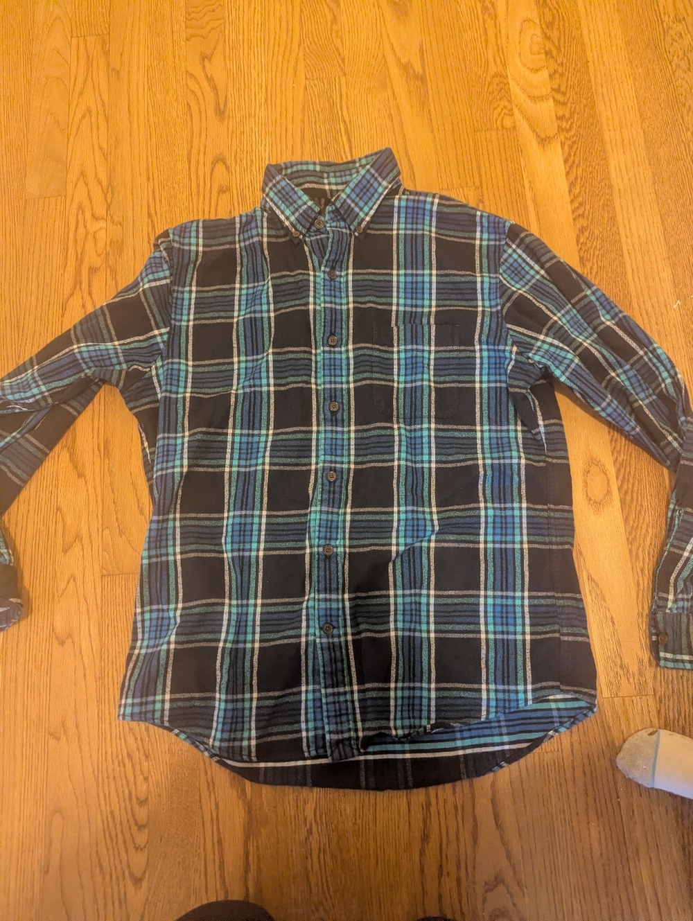Lands’ End Medium Men’s Blue Plaid Flannel Button Traditional Fit Shirt Cotton